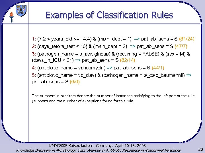 Examples of Classification Rules 1: (7. 2 < years_old <= 14. 4) & (main_dept