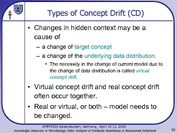 Types of Concept Drift (CD) • Changes in hidden context may be a cause