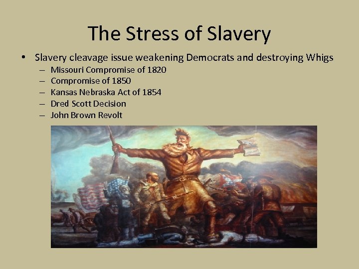 The Stress of Slavery • Slavery cleavage issue weakening Democrats and destroying Whigs –