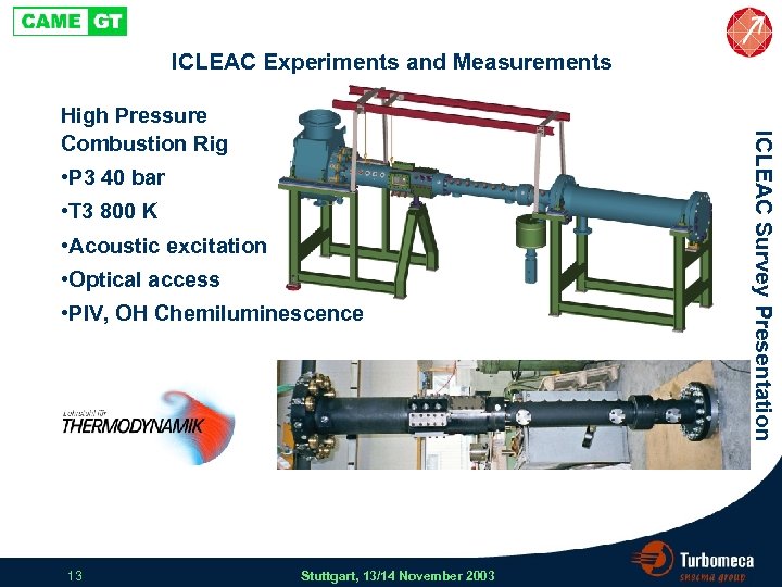 ICLEAC Experiments and Measurements • P 3 40 bar • T 3 800 K