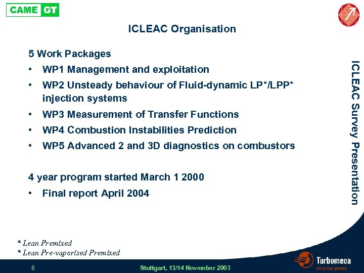 ICLEAC Organisation 5 Work Packages WP 1 Management and exploitation • WP 2 Unsteady