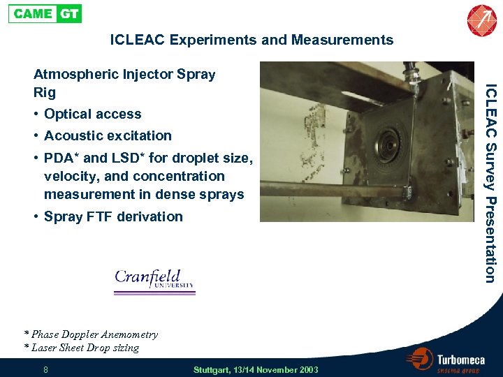 ICLEAC Experiments and Measurements • Optical access • Acoustic excitation • PDA* and LSD*