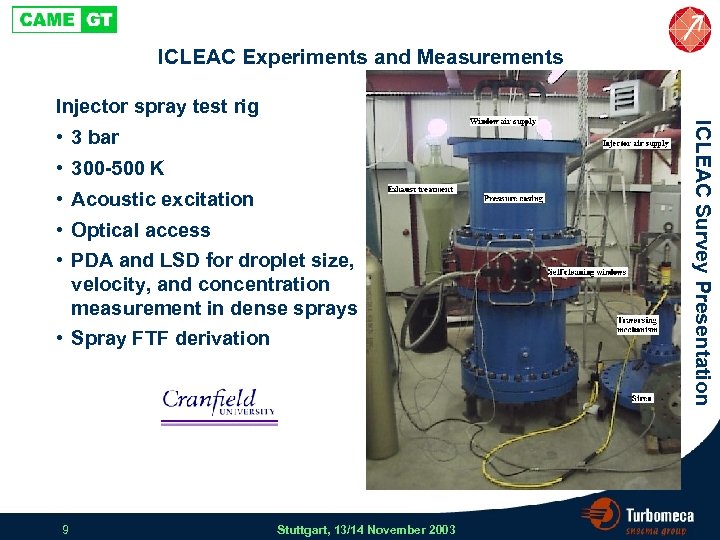 ICLEAC Experiments and Measurements Injector spray test rig • 300 -500 K • Acoustic