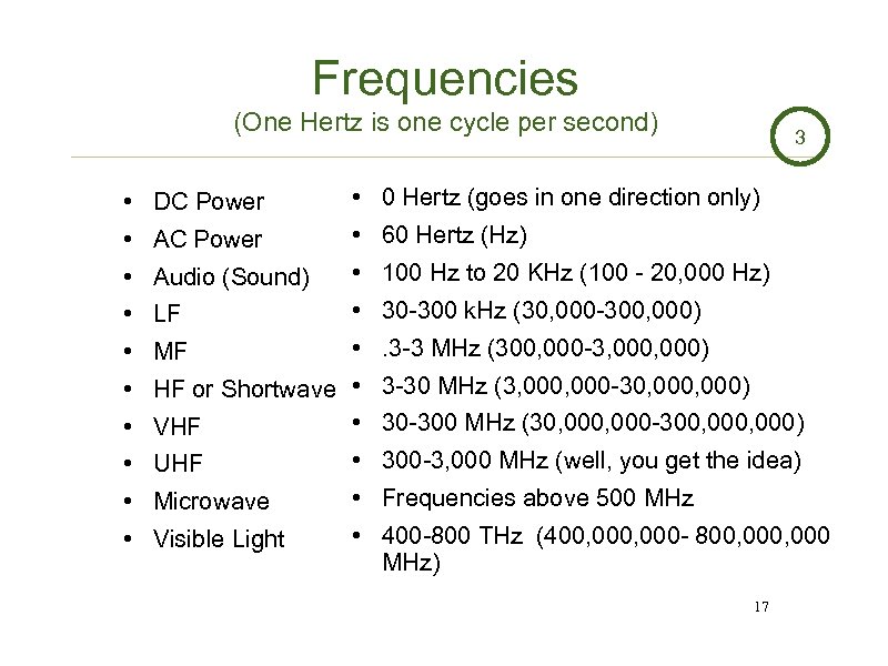 Frequencies (One Hertz is one cycle per second) 3 • DC Power • 0