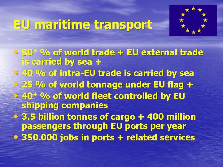 EU maritime transport • 80+ % of world trade + EU external trade •
