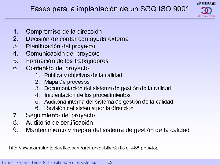 Fases para la implantación de un SGQ ISO 9001 1. 2. 3. 4. 5.