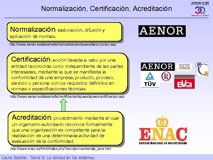 Normalización, Certificación, Acreditación Normalización: elaboración, difusión y aplicación de normas. http: //www. aenor. es/desarrollo/normalizacion/quees/descripcion.