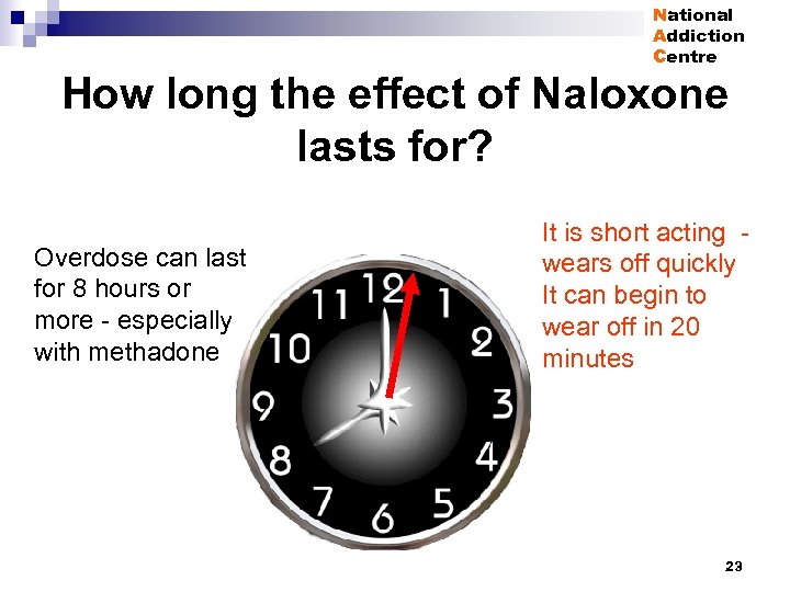 National Addiction Centre How long the effect of Naloxone lasts for? Overdose can last