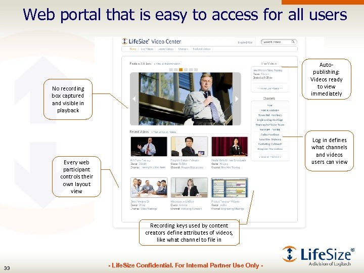 Web portal that is easy to access for all users Autopublishing: Videos ready to
