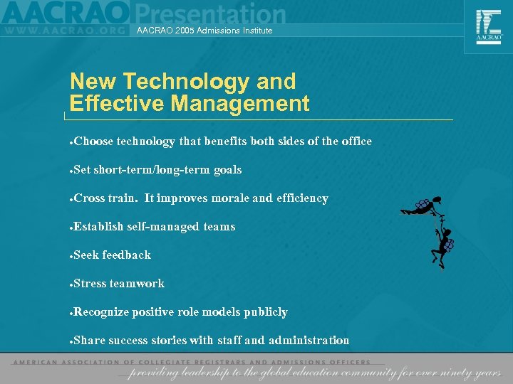 AACRAO 2005 Admissions Institute New Technology and Effective Management l Choose technology that benefits