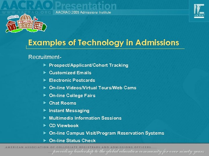 AACRAO 2005 Admissions Institute Examples of Technology in Admissions Recruitment. Prospect/Applicant/Cohort Tracking Customized Emails