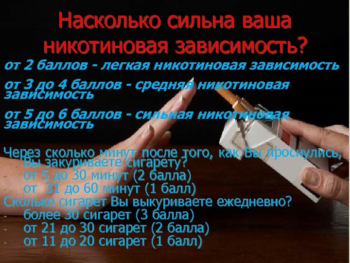 Насколько сильна ваша никотиновая зависимость? от 2 баллов - легкая никотиновая зависимость от 3