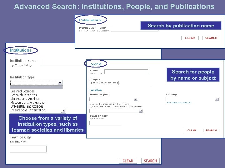 Advanced Search: Institutions, People, and Publications Search by publication name Search for people by