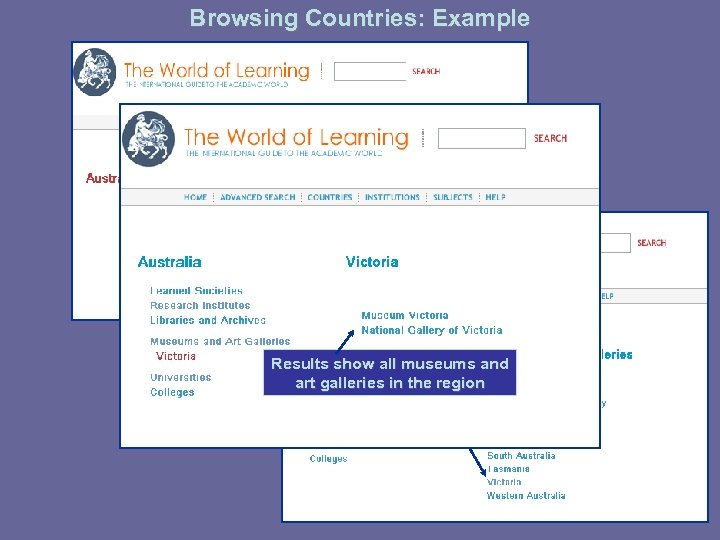 Browsing Countries: Example Click “Museums and Art Galleries” Select “Victoria” Results show all museums