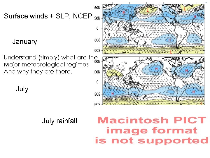Surface winds + SLP, NCEP January Understand (simply) what are the Major meteorological regimes