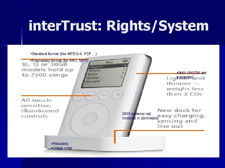 inter. Trust: Rights/System • Standard format (like MPEG-4, PDF…) • Proprietary format (for AAC,