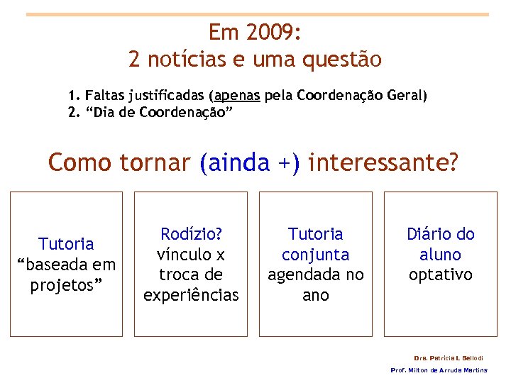 Em 2009: 2 notícias e uma questão 1. Faltas justificadas (apenas pela Coordenação Geral)