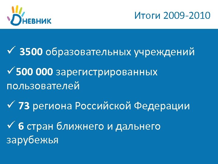 Итоги 2009 -2010 ü 3500 образовательных учреждений ü 500 000 зарегистрированных пользователей ü 73