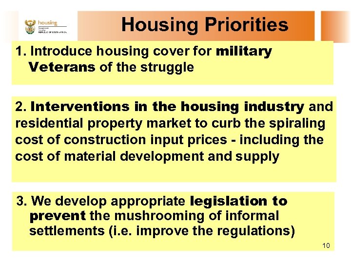 Housing Priorities 1. Introduce housing cover for military Veterans of the struggle 2. Interventions