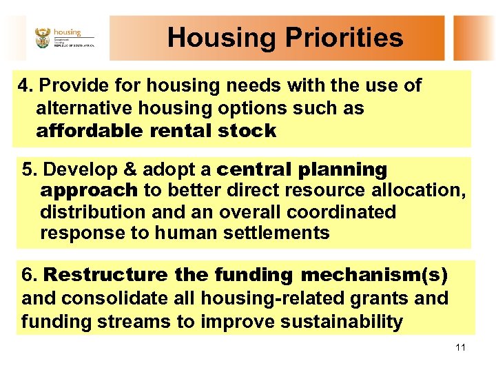 Housing Priorities 4. Provide for housing needs with the use of alternative housing options