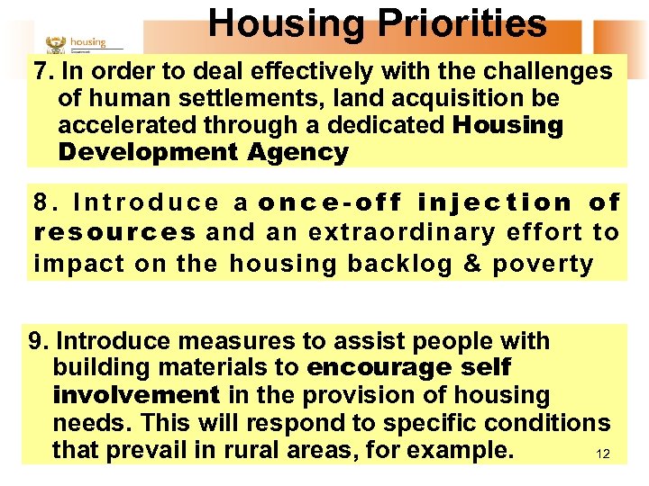 Housing Priorities 7. In order to deal effectively with the challenges of human settlements,