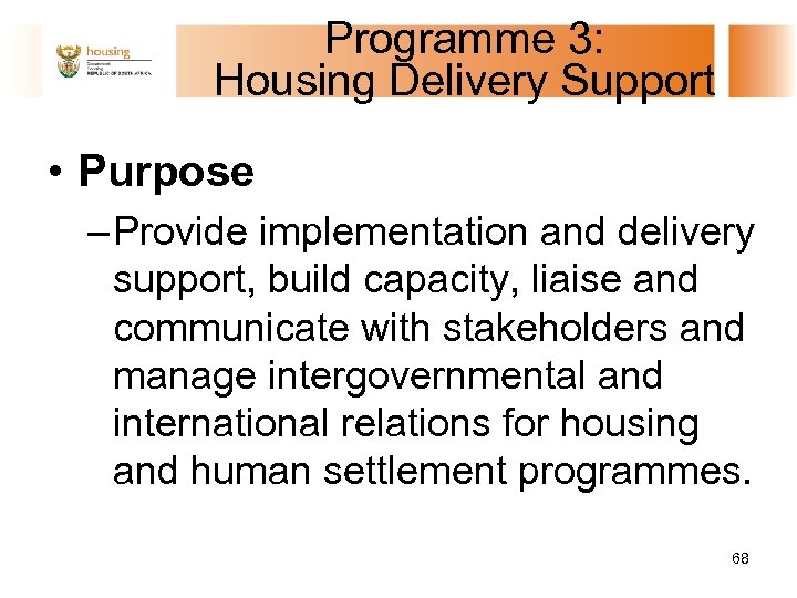 Programme 3: Housing Delivery Support • Purpose – Provide implementation and delivery support, build