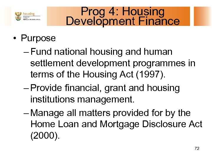 Prog 4: Housing Development Finance • Purpose – Fund national housing and human settlement