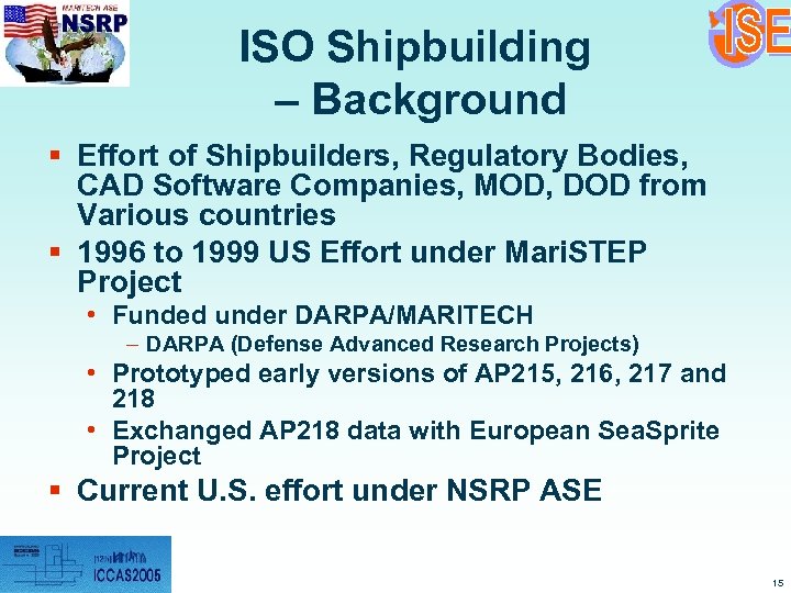 ISO Shipbuilding – Background § Effort of Shipbuilders, Regulatory Bodies, CAD Software Companies, MOD,