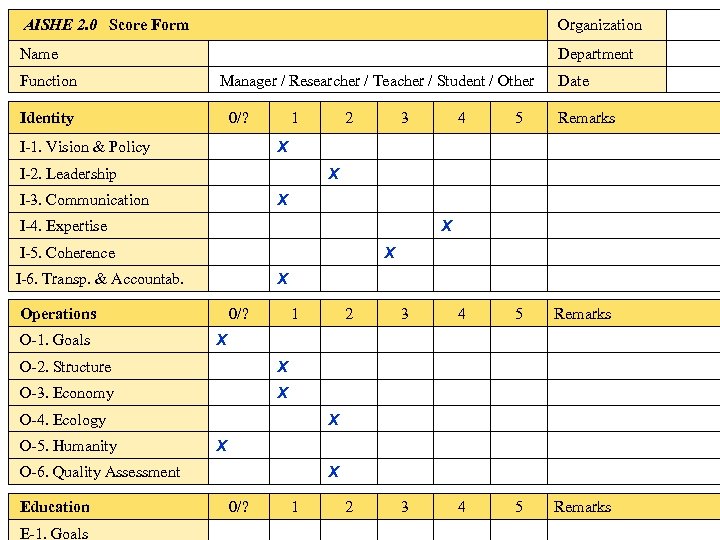 AISHE 2. 0 Score Form Organization Name Department Function Manager / Researcher / Teacher