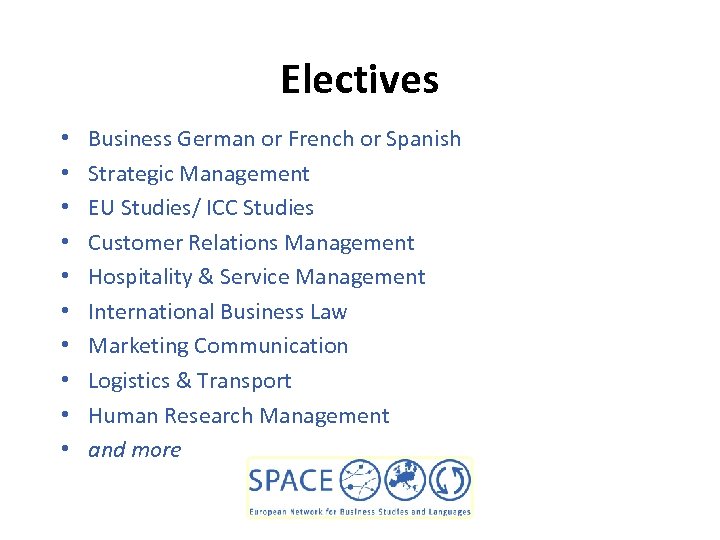 Electives • • • Business German or French or Spanish Strategic Management EU Studies/