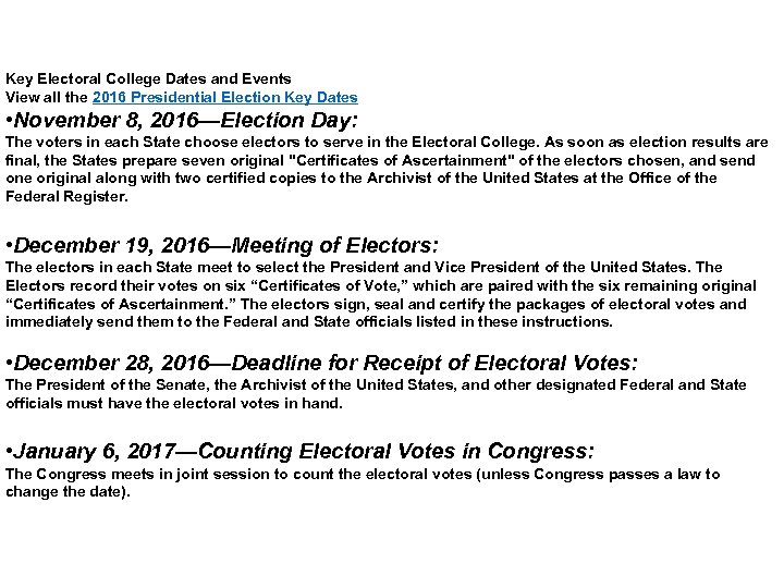Key Electoral College Dates and Events View all the 2016 Presidential Election Key Dates