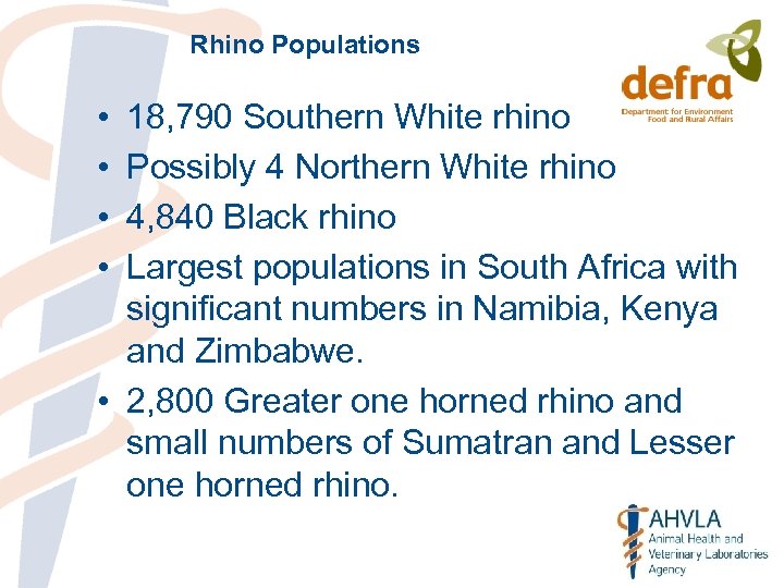 Rhino Populations • • 18, 790 Southern White rhino Possibly 4 Northern White rhino
