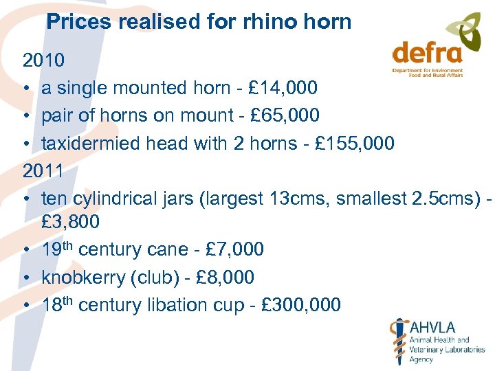 Prices realised for rhino horn 2010 • a single mounted horn - £ 14,