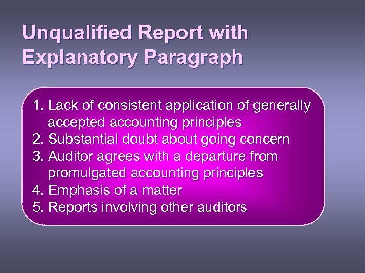 Unqualified Report with Explanatory Paragraph 1. Lack of consistent application of generally accepted accounting