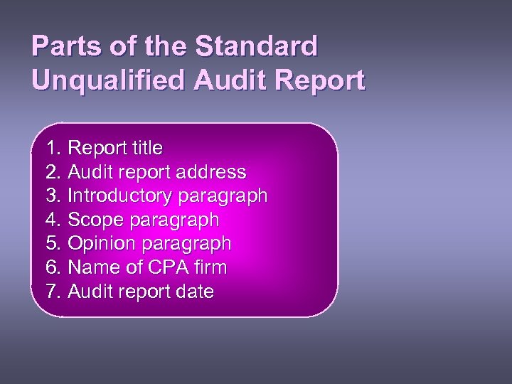 Parts of the Standard Unqualified Audit Report 1. Report title 2. Audit report address