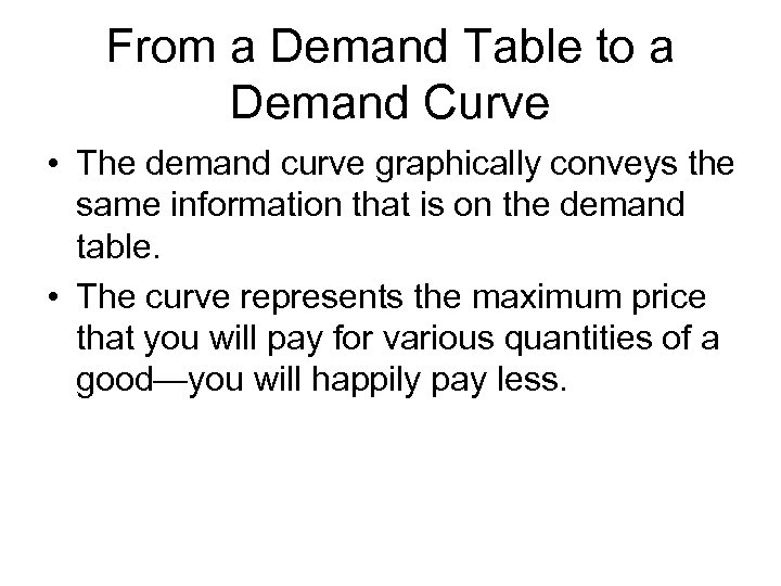 From a Demand Table to a Demand Curve • The demand curve graphically conveys