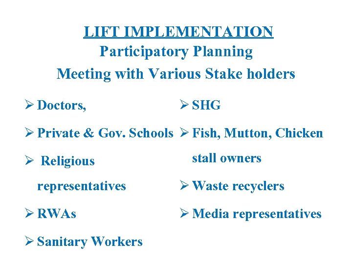 LIFT IMPLEMENTATION Participatory Planning Meeting with Various Stake holders Ø Doctors, Ø SHG Ø