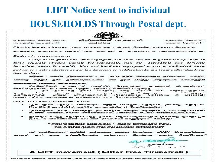 LIFT Notice sent to individual HOUSEHOLDS Through Postal dept. 