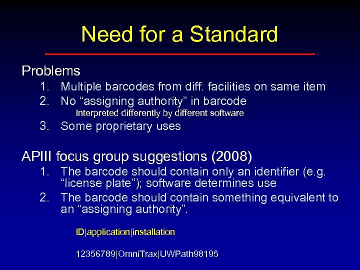 Need for a Standard Problems 1. Multiple barcodes from diff. facilities on same item