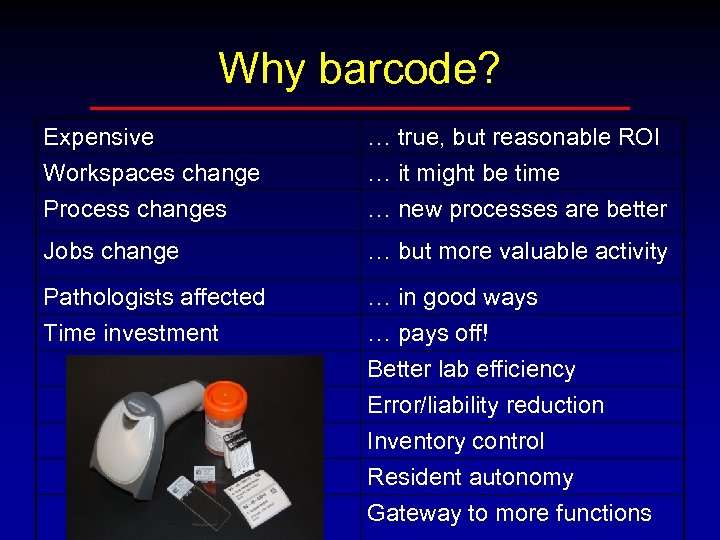 Why barcode? Expensive Workspaces change Process changes … true, but reasonable ROI … it