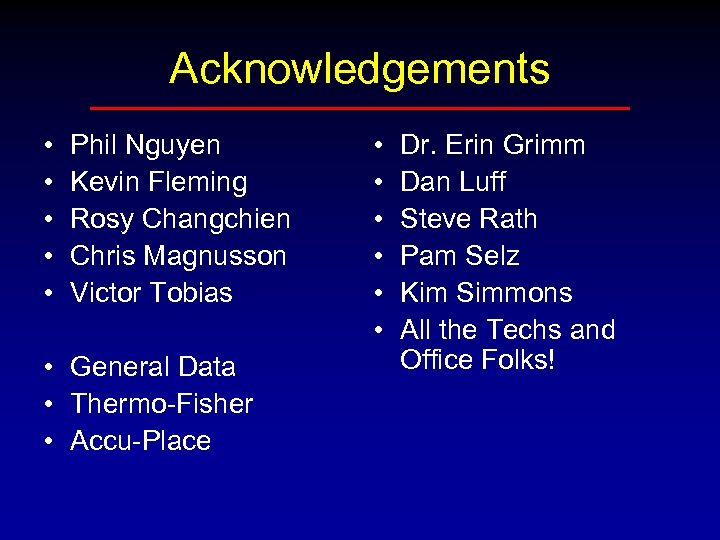 Acknowledgements • • • Phil Nguyen Kevin Fleming Rosy Changchien Chris Magnusson Victor Tobias