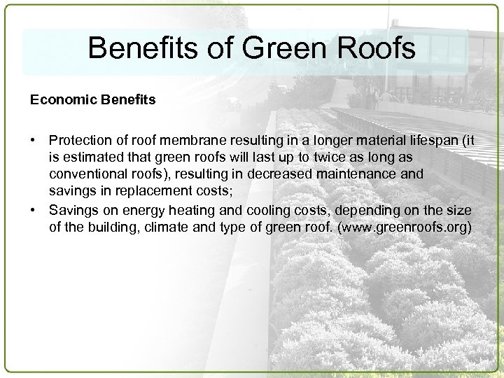 Benefits of Green Roofs Economic Benefits • Protection of roof membrane resulting in a