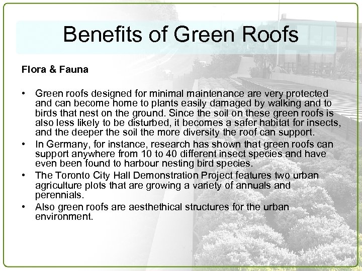 Benefits of Green Roofs Flora & Fauna • Green roofs designed for minimal maintenance