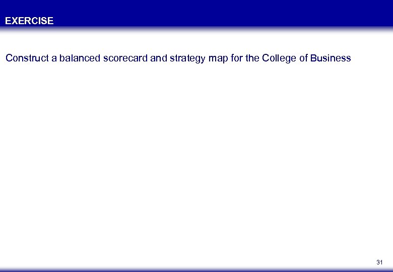 EXERCISE Construct a balanced scorecard and strategy map for the College of Business 31