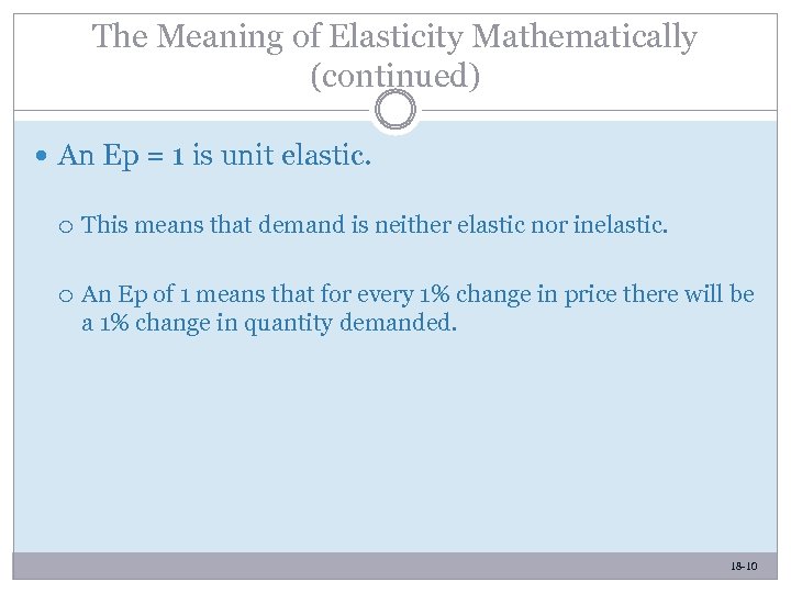 The Meaning of Elasticity Mathematically (continued) An Ep = 1 is unit elastic. This