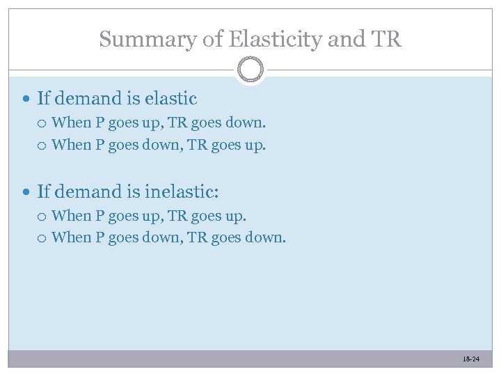 Summary of Elasticity and TR If demand is elastic When P goes up, TR