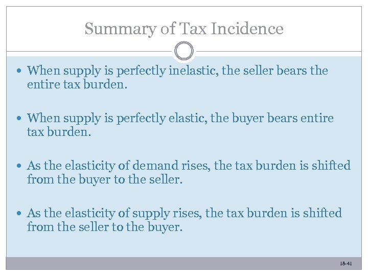 Summary of Tax Incidence When supply is perfectly inelastic, the seller bears the entire