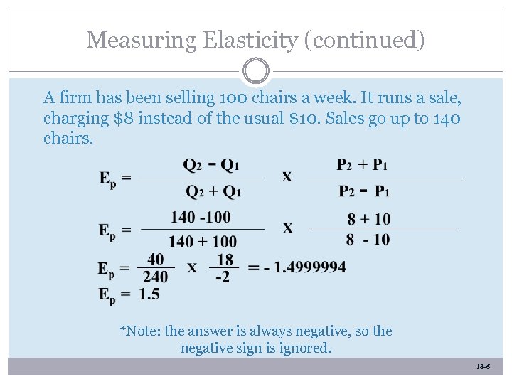 Measuring Elasticity (continued) A firm has been selling 100 chairs a week. It runs
