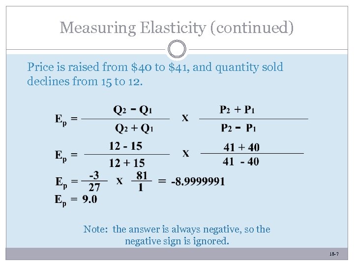 Measuring Elasticity (continued) Price is raised from $40 to $41, and quantity sold declines
