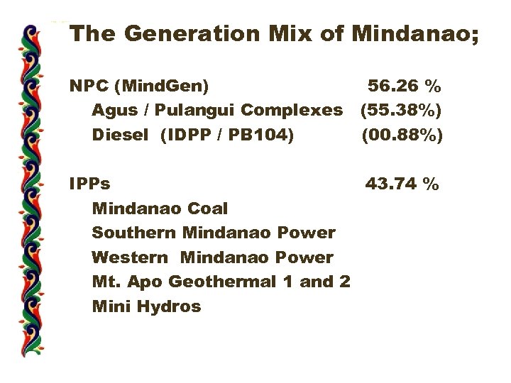 The Generation Mix of Mindanao; NPC (Mind. Gen) 56. 26 % Agus / Pulangui